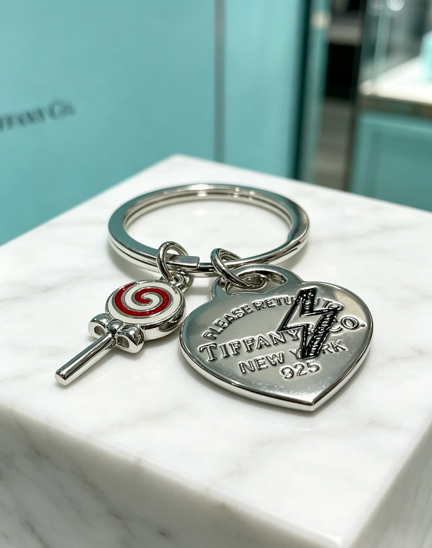 Tiffany & Co Silver Keychain with Lollipop and Heart Charms